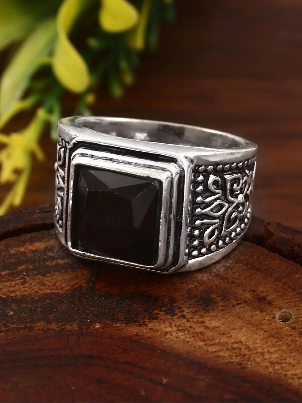 Men's Square Garnet-Style 925 Silver Statement Ring